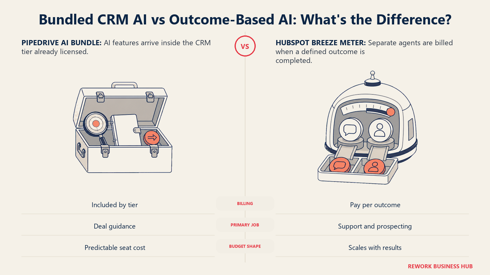 Pipedrive AI tool chest included with a CRM tier compared with HubSpot Breeze outcome meter releasing credits after completed work