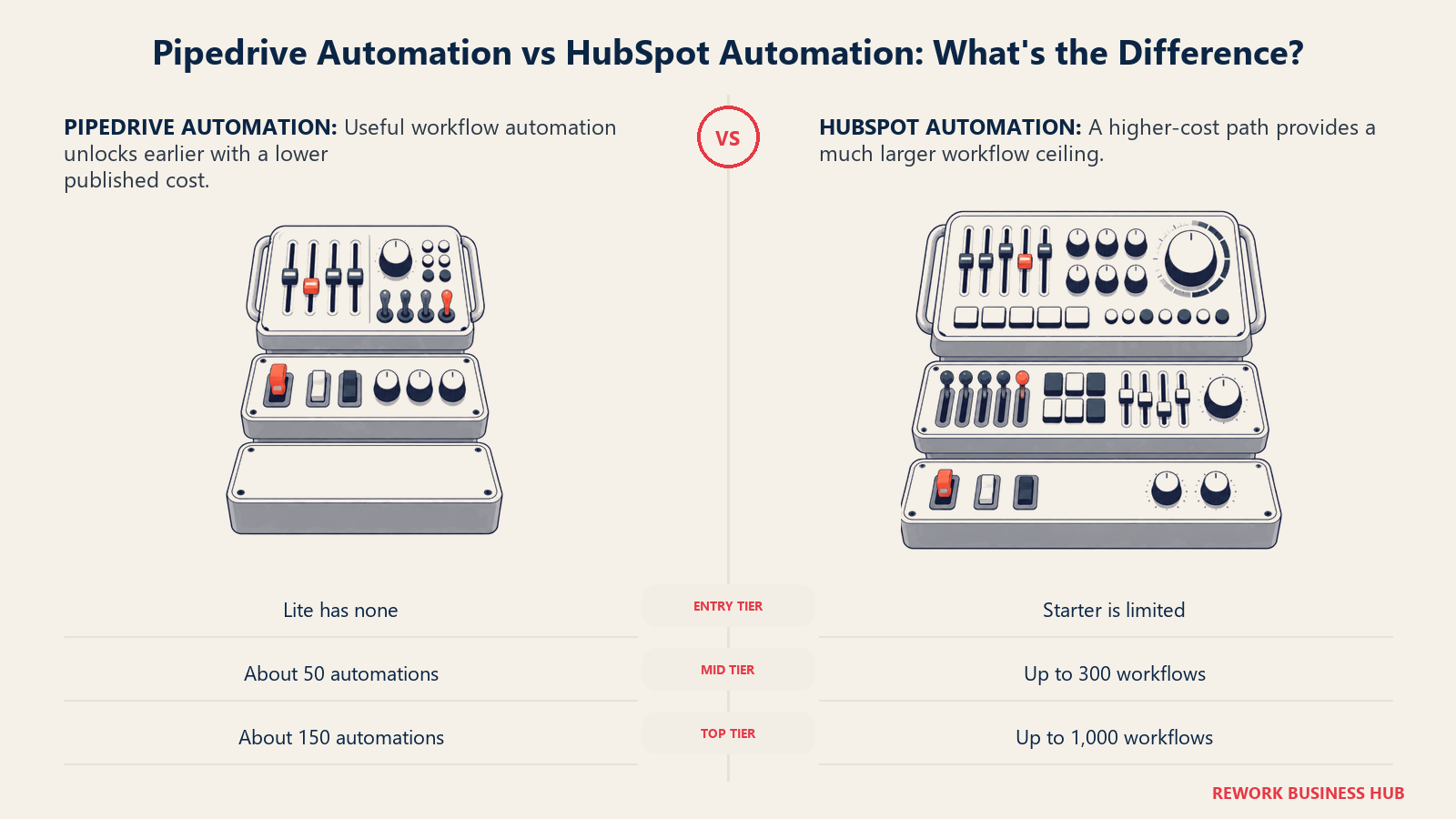 Pipedrive compact automation control bank compared with HubSpot's larger workflow rack across entry, mid, and top tiers