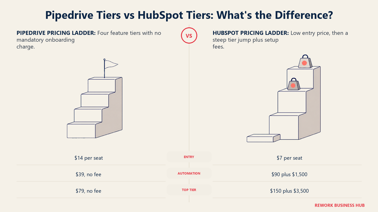 Pipedrive four-tier price staircase compared with HubSpot low entry step and higher automation steps with setup tolls