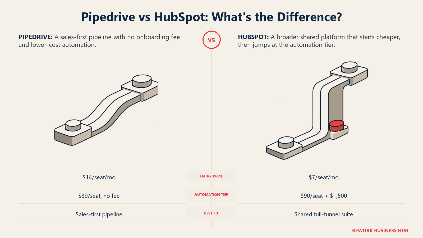 Pipedrive versus HubSpot cost crossover shown as matched pricing tracks where the cheaper entry route reverses after an automation-tier step