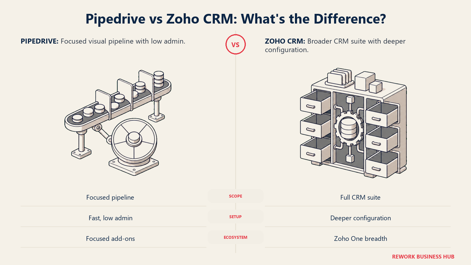 Pipedrive's focused deal pipeline compared with Zoho CRM's broad configurable business suite