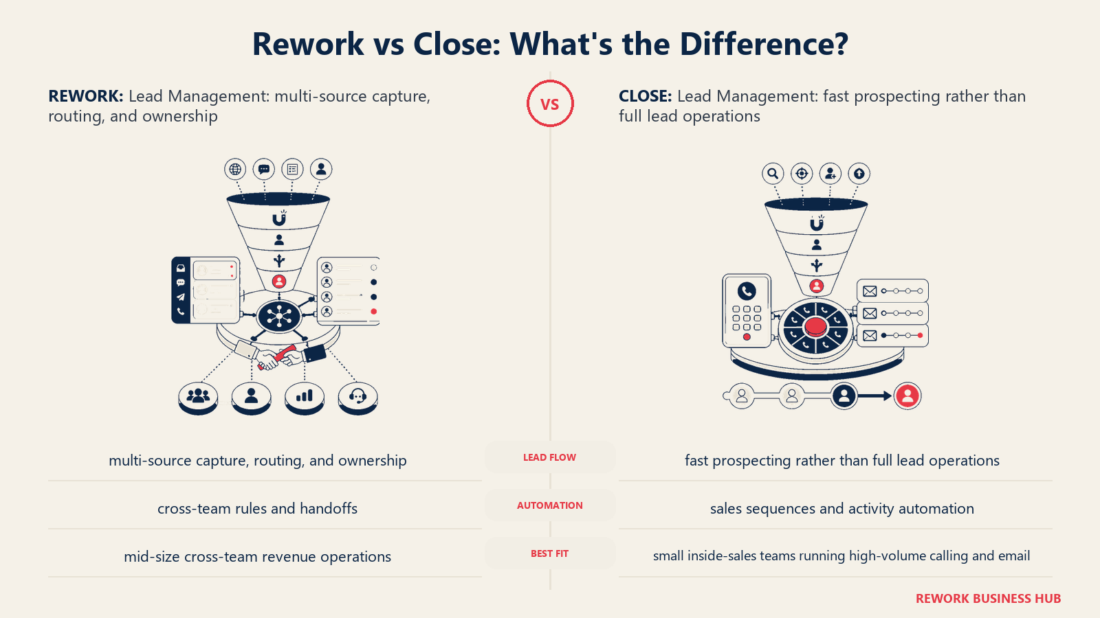 Rework vs Close lead management comparison with matched operating metaphors