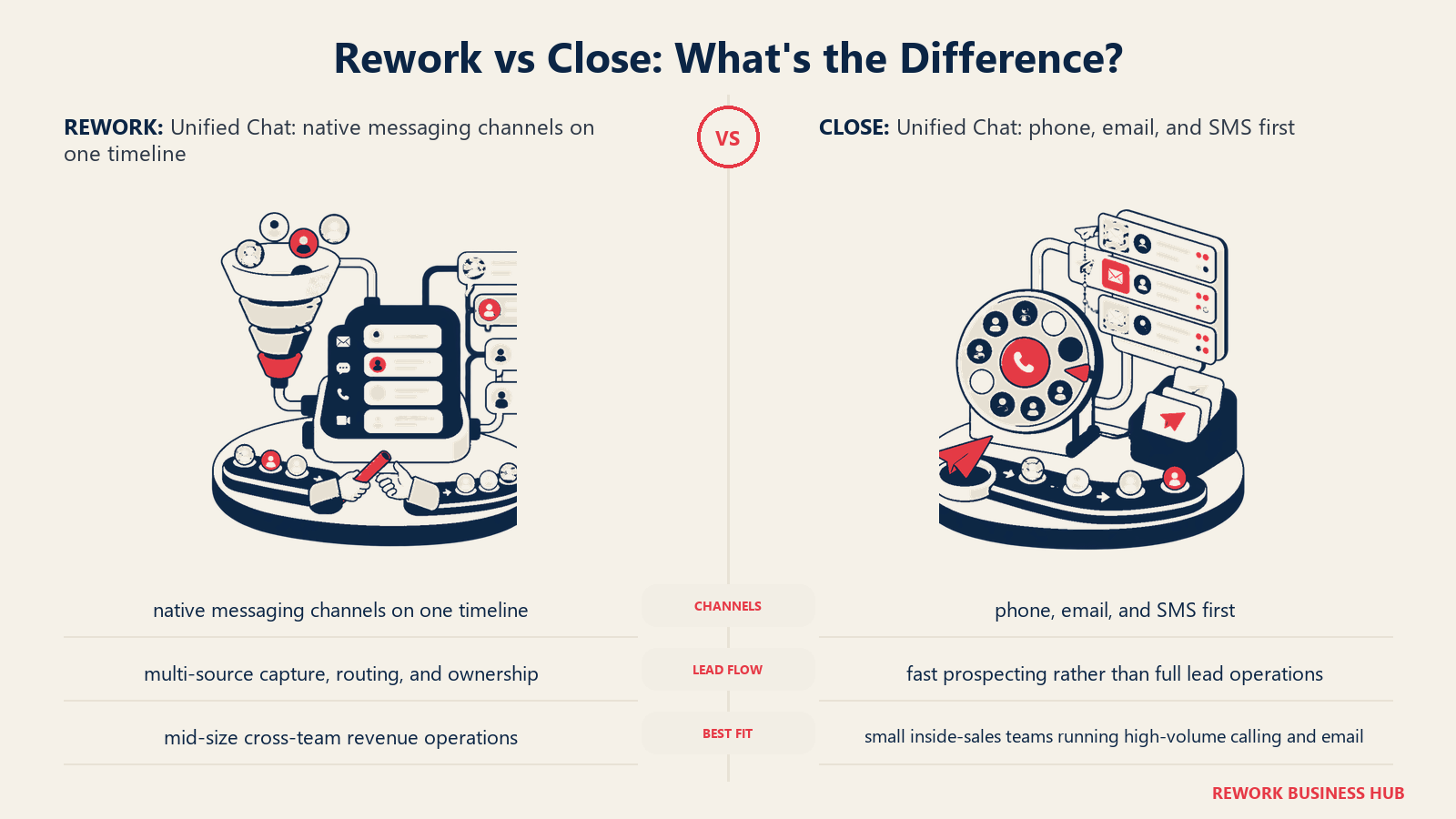 Rework vs Close unified chat comparison with matched operating metaphors