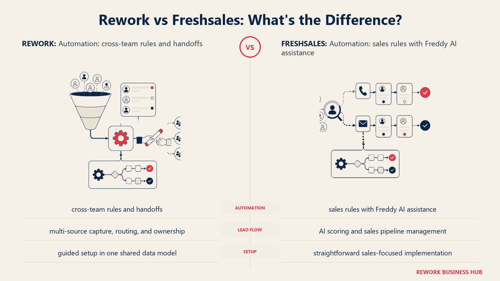 Rework vs Freshsales automation comparison with matched operating metaphors