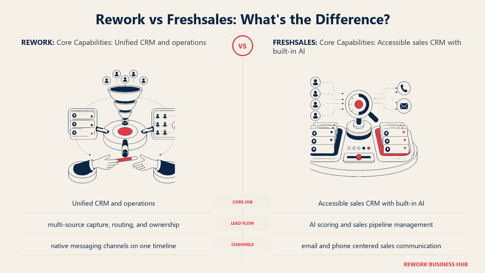 Rework vs Freshsales core capabilities comparison with matched operating metaphors