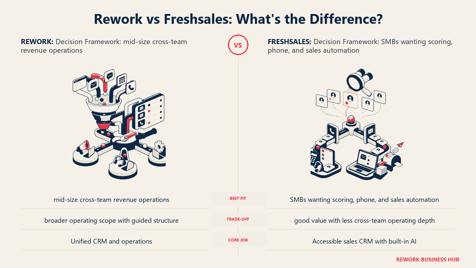 Rework vs Freshsales decision framework comparison with matched operating metaphors