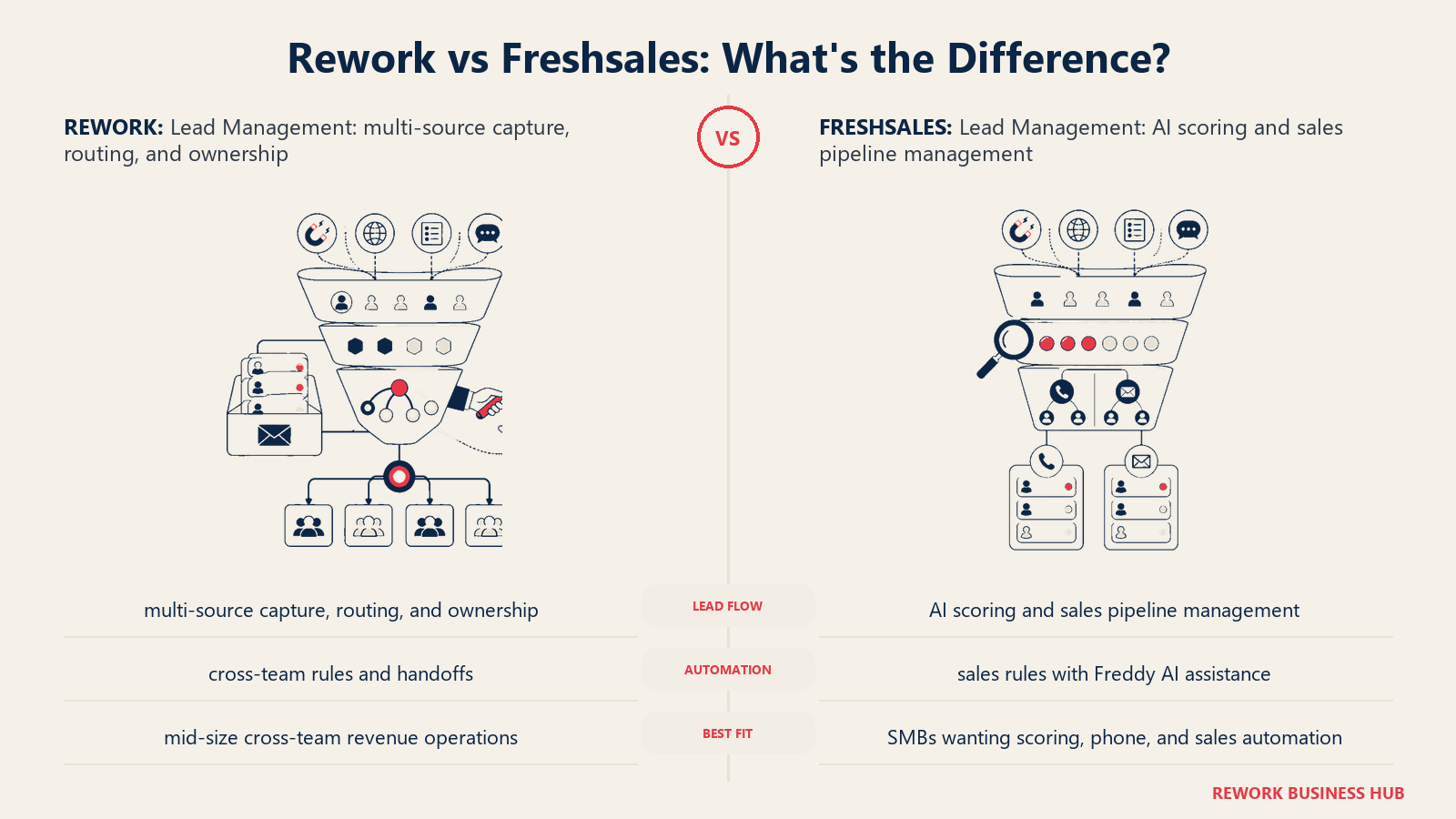 Rework vs Freshsales lead management comparison with matched operating metaphors