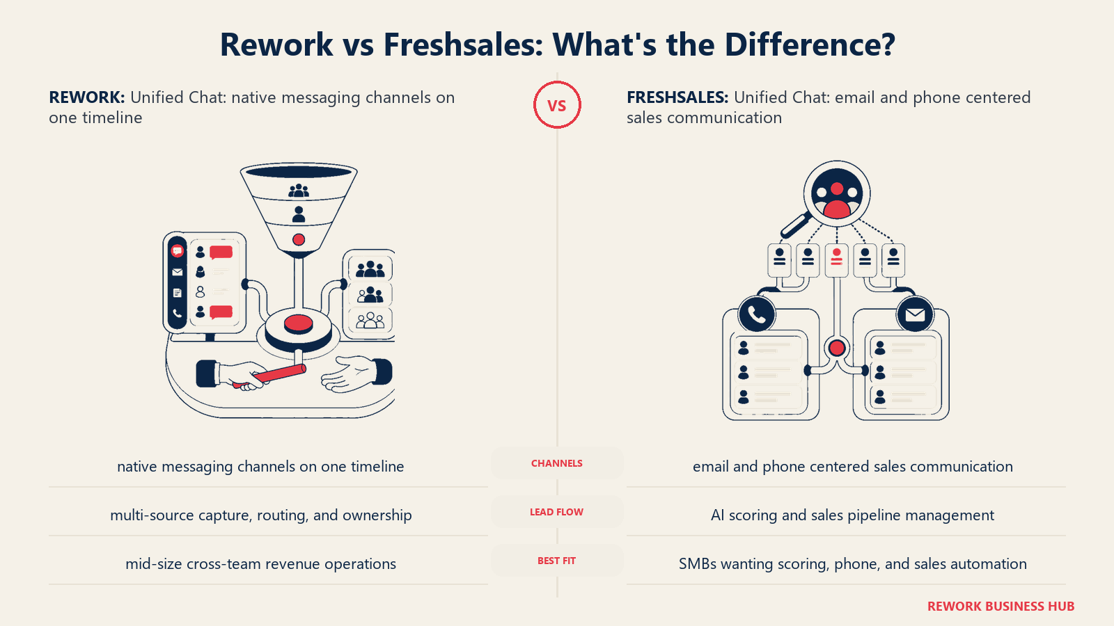 Rework vs Freshsales unified chat comparison with matched operating metaphors