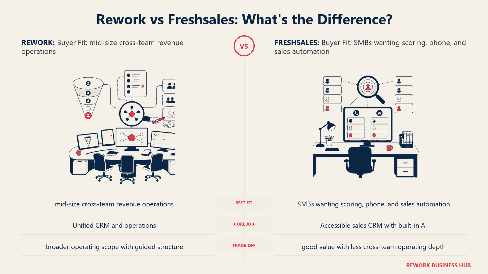 Rework vs Freshsales buyer fit comparison with matched operating metaphors