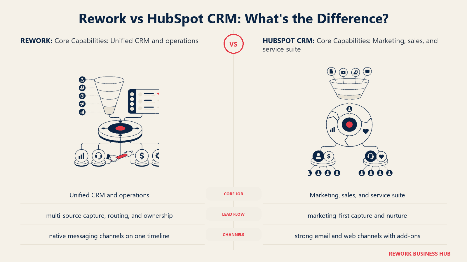 Rework vs HubSpot CRM core capabilities comparison with matched operating metaphors
