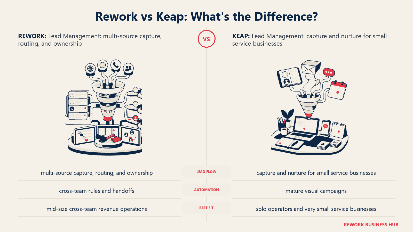 Rework vs Keap lead management comparison with matched operating metaphors