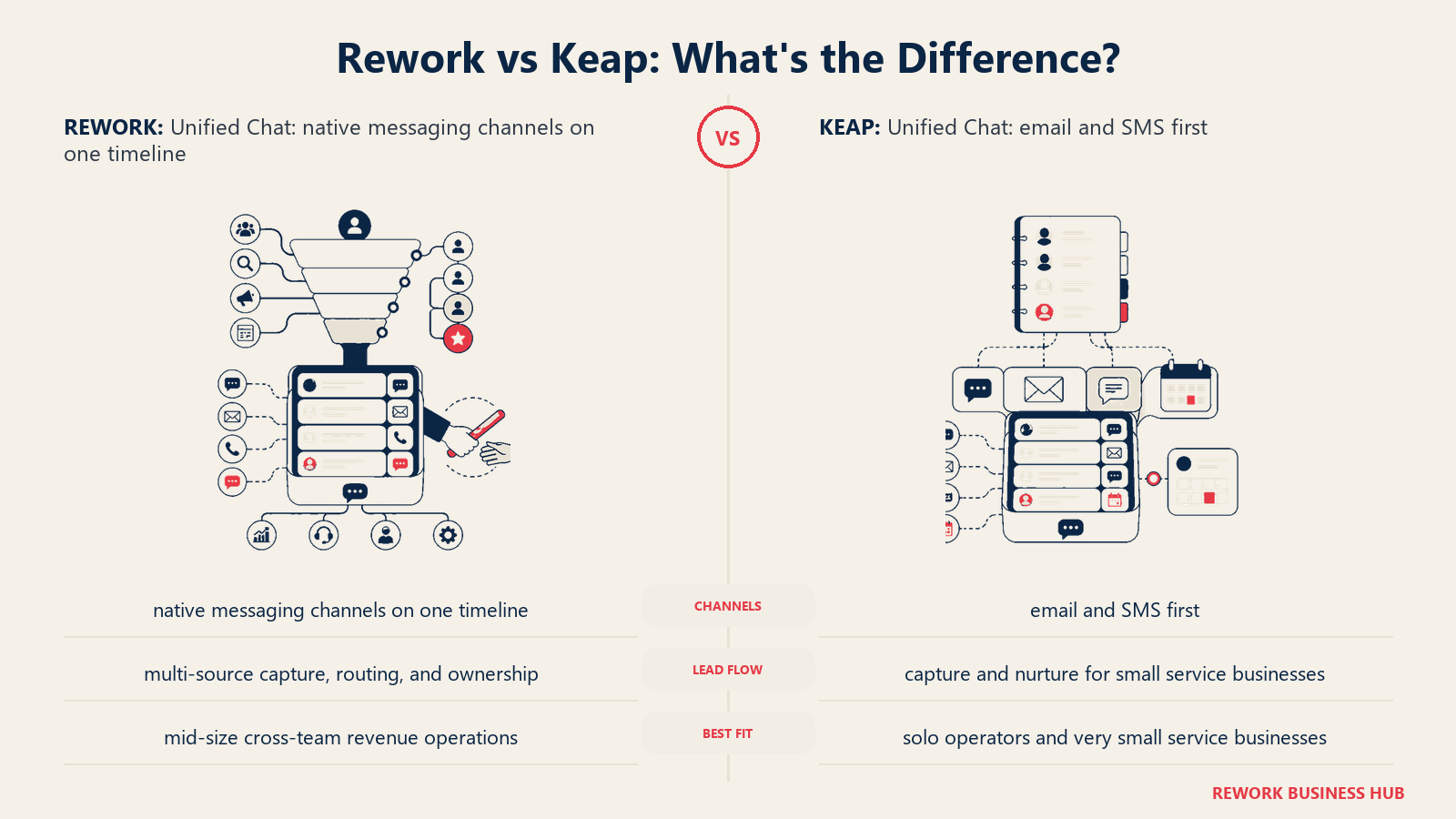 Rework vs Keap unified chat comparison with matched operating metaphors