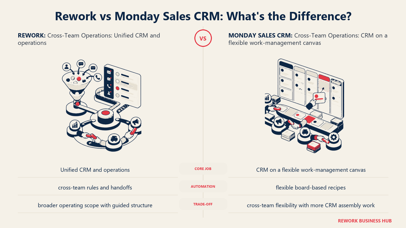 Rework vs Monday Sales CRM cross-team operations comparison with matched operating metaphors