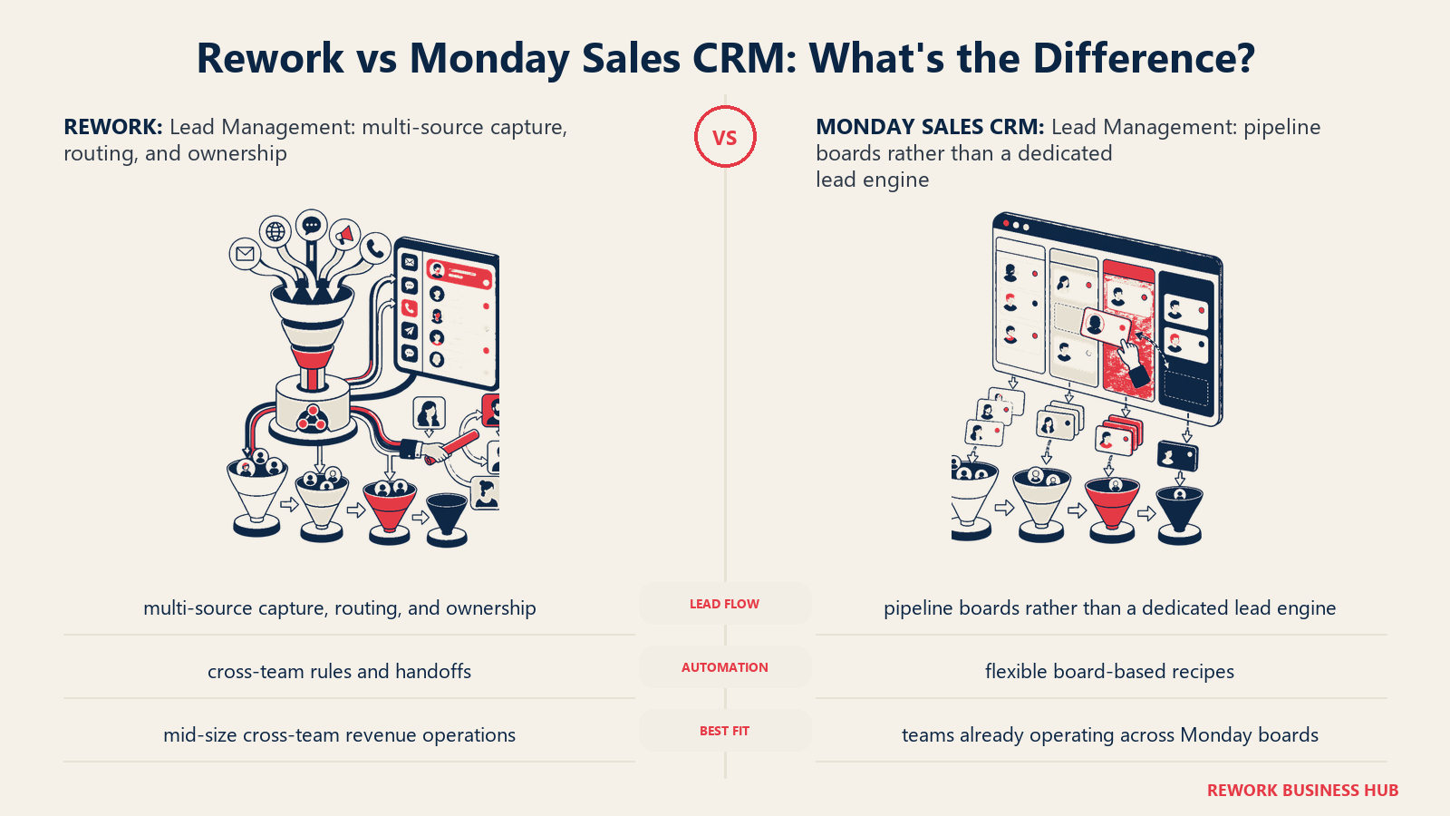 Rework vs Monday Sales CRM lead management comparison with matched operating metaphors