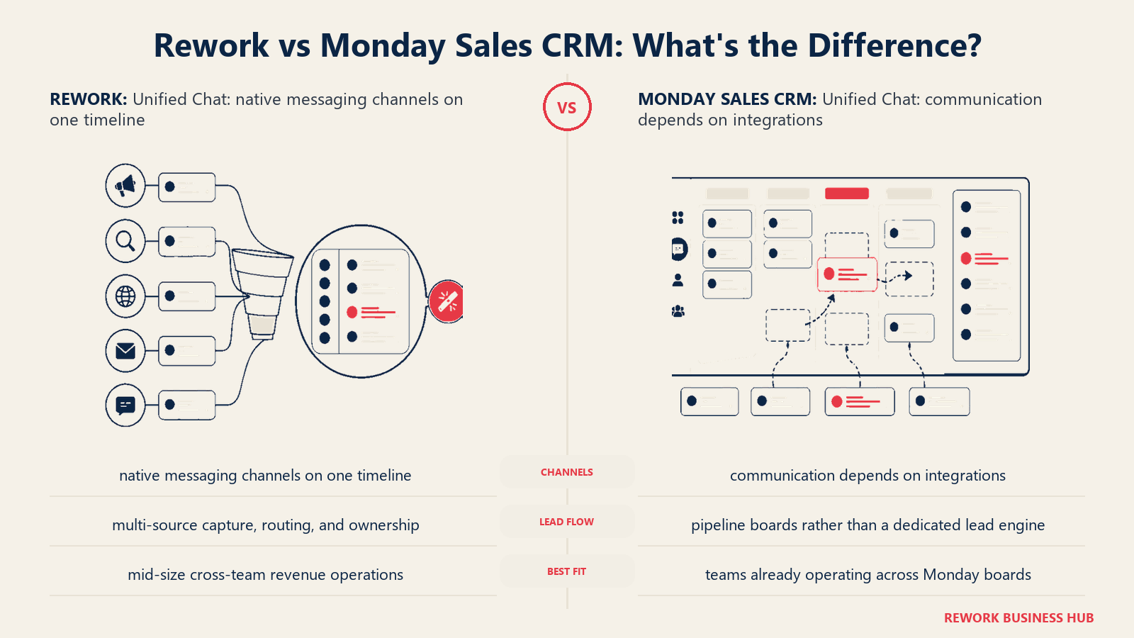 Rework vs Monday Sales CRM unified chat comparison with matched operating metaphors