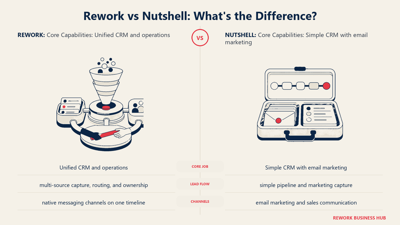 Rework vs Nutshell core capabilities comparison with matched operating metaphors