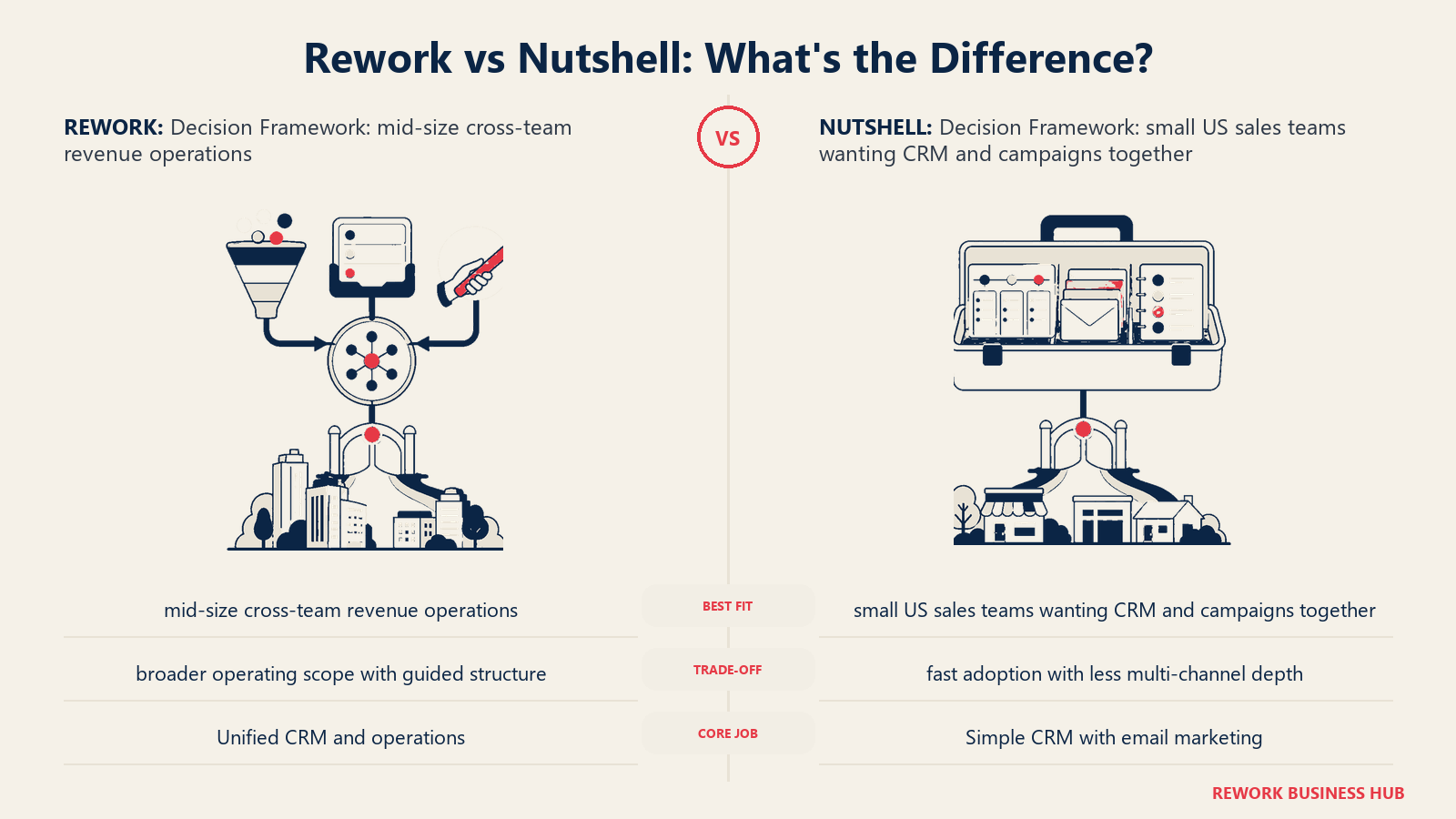 Rework vs Nutshell decision framework comparison with matched operating metaphors