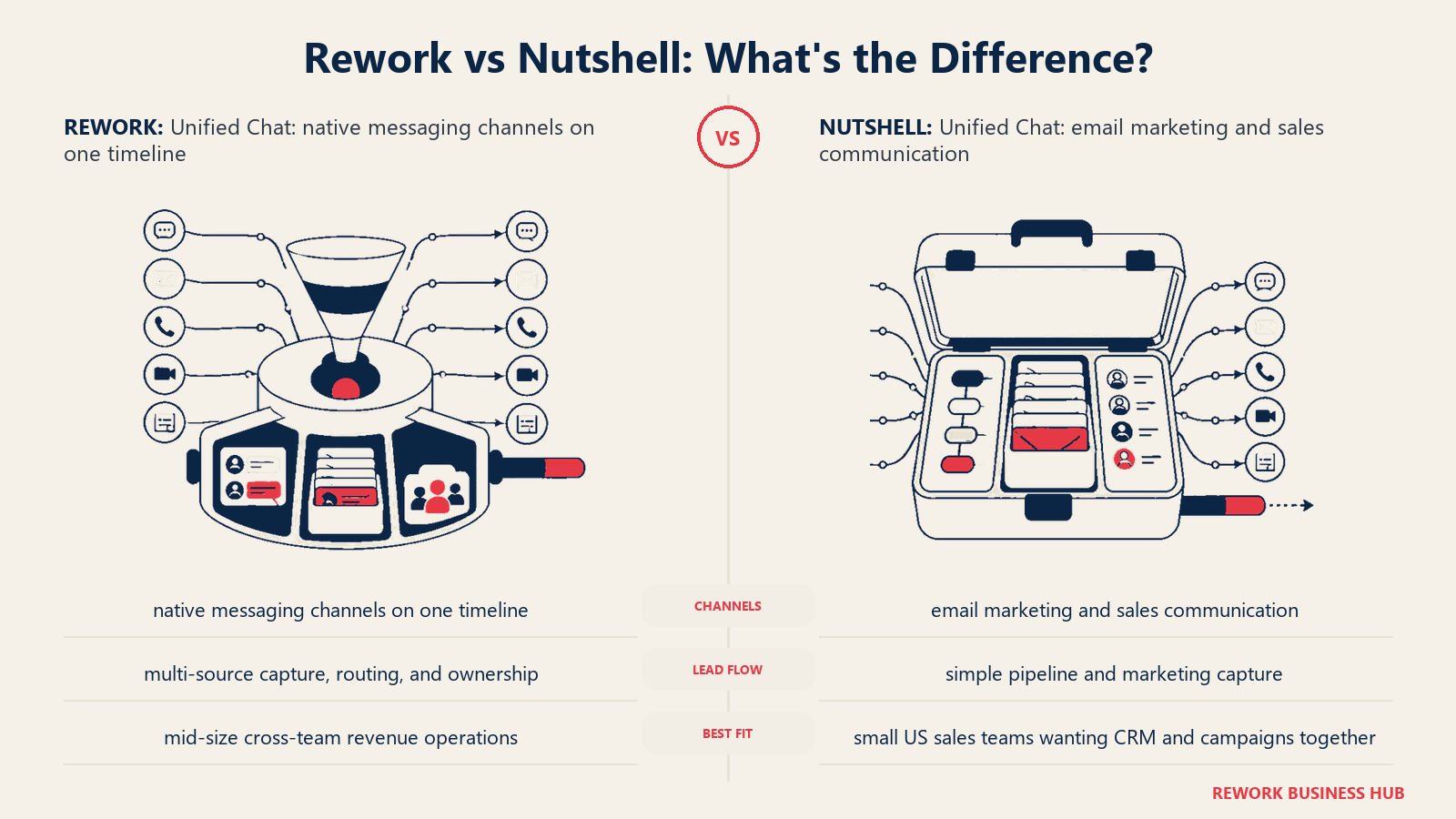 Rework vs Nutshell unified chat comparison with matched operating metaphors