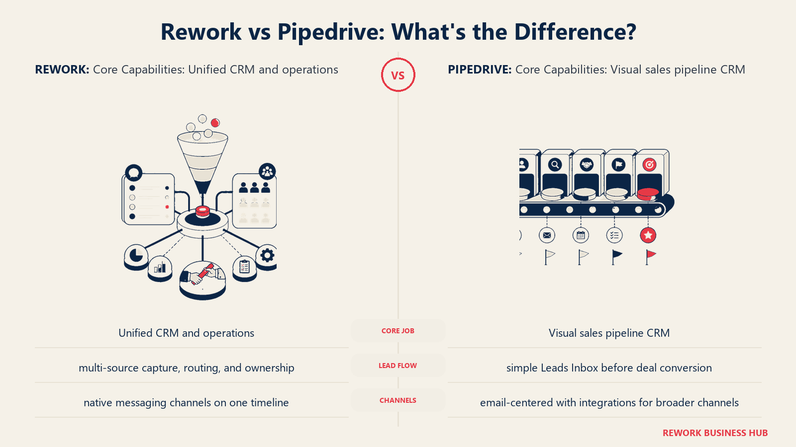 Rework vs Pipedrive core capabilities comparison with matched operating metaphors