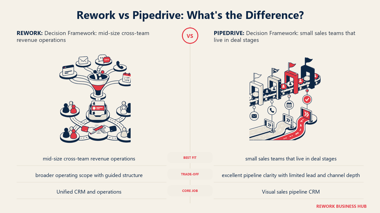 Rework vs Pipedrive decision framework comparison with matched operating metaphors