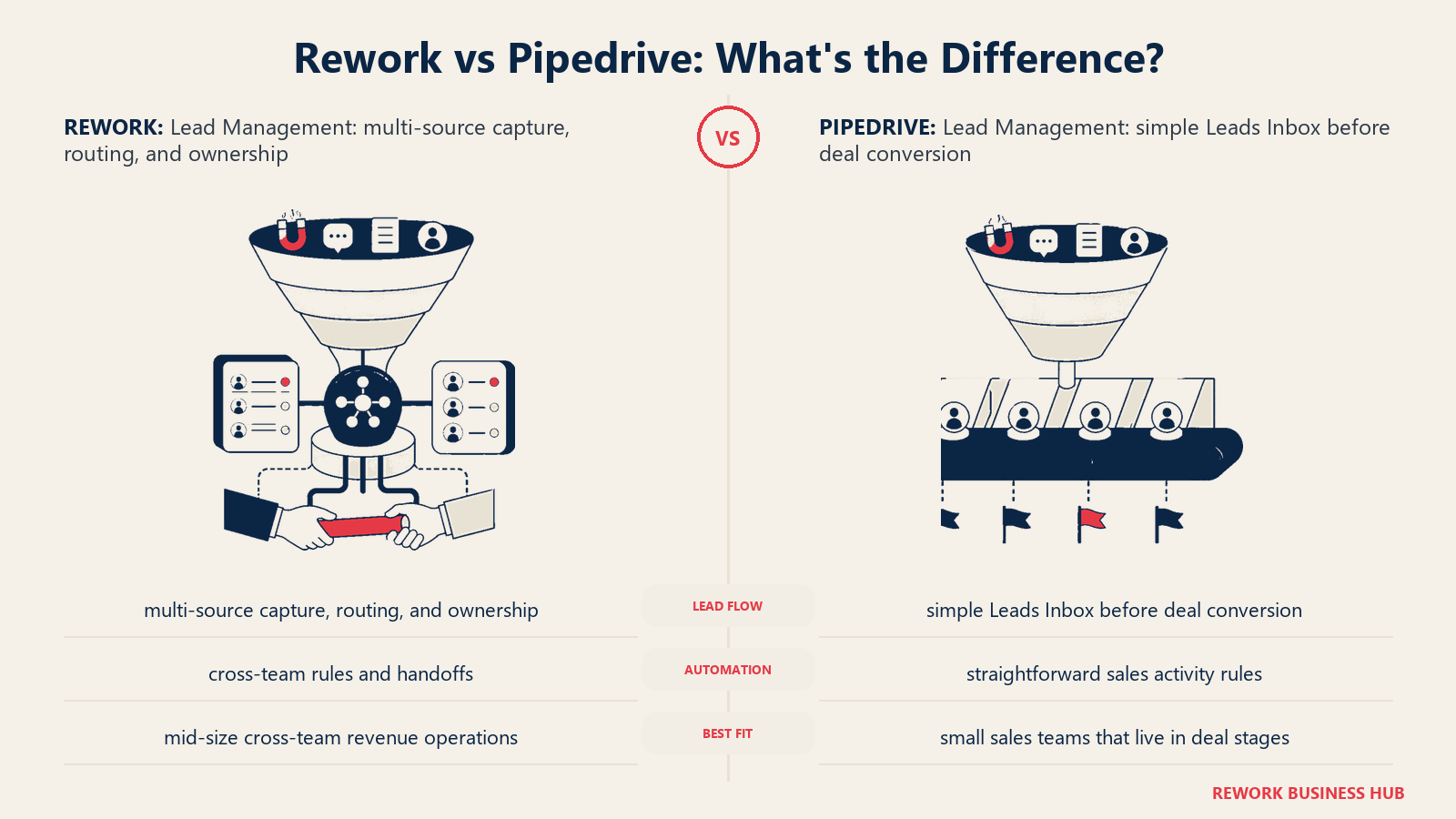 Rework vs Pipedrive lead management comparison with matched operating metaphors
