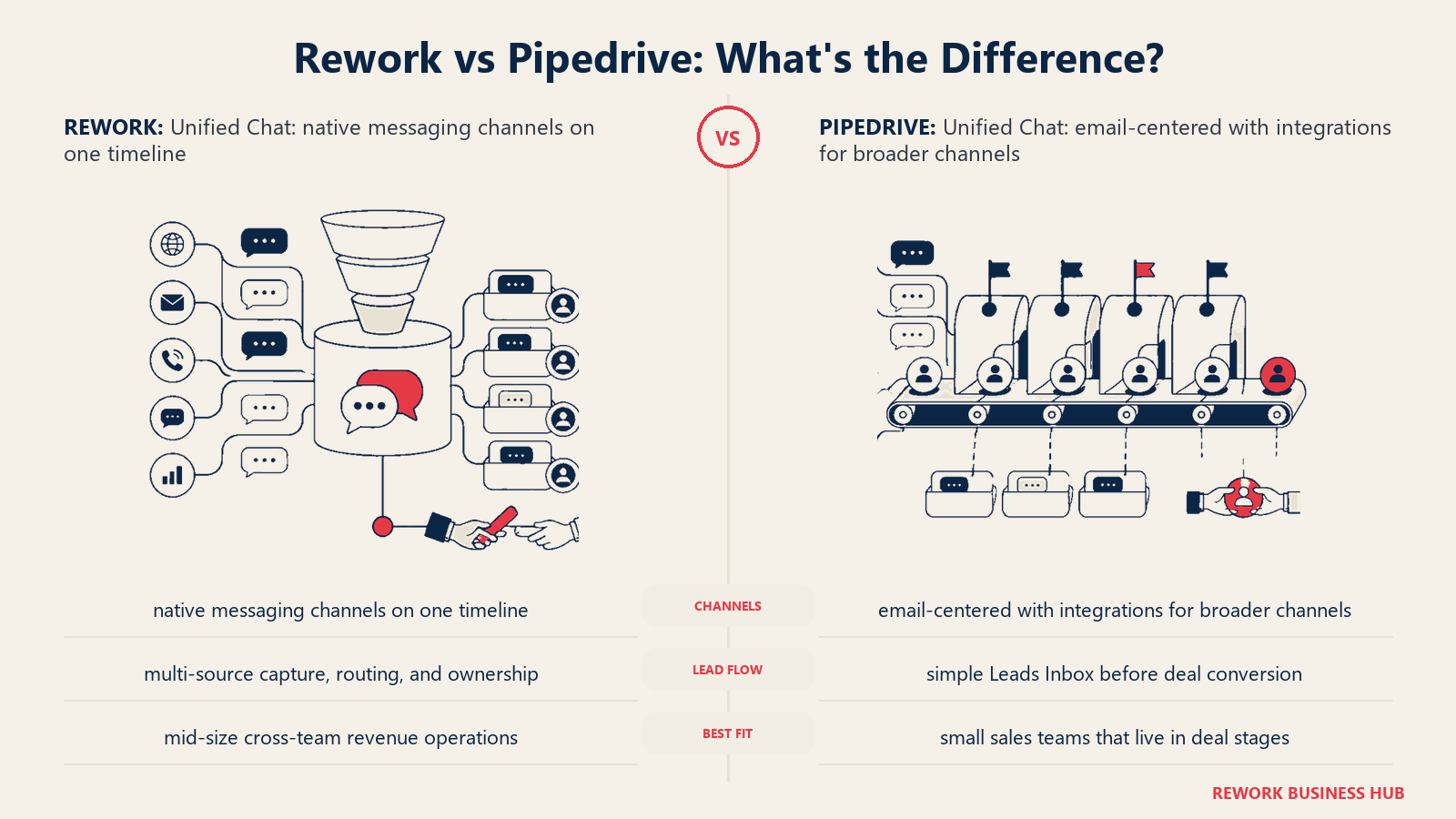 Rework vs Pipedrive unified chat comparison with matched operating metaphors