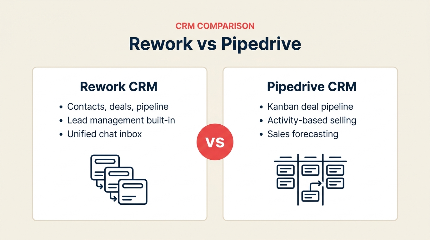 Rework vs Pipedrive CRM comparison, unified CRM with lead management and chat vs pipeline-first sales CRM