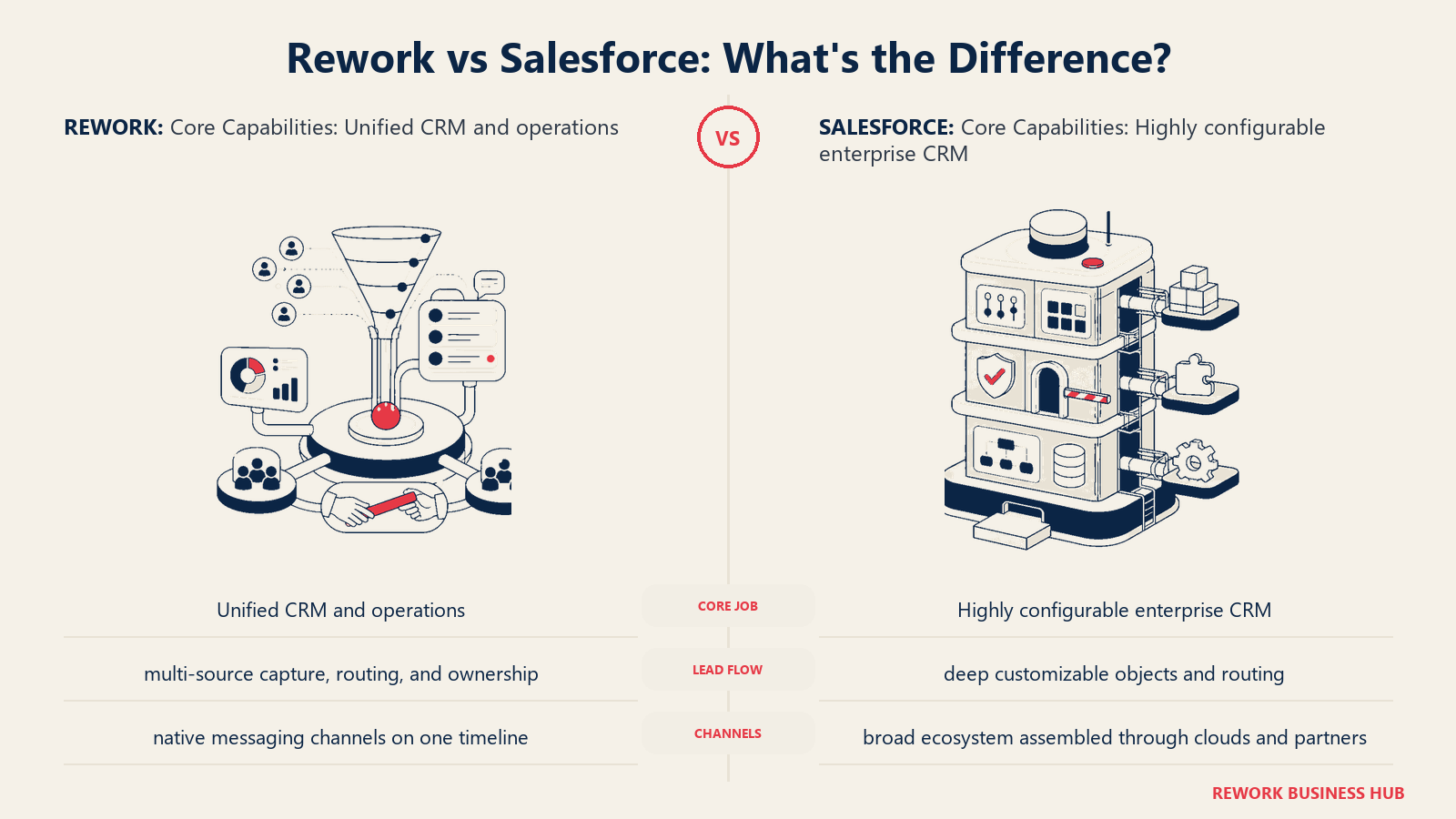 Rework vs Salesforce core capabilities comparison with matched operating metaphors