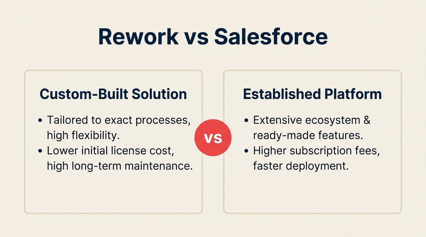 Rework vs Salesforce CRM comparison, unified CRM with lead management and chat vs enterprise Salesforce clouds ecosystem