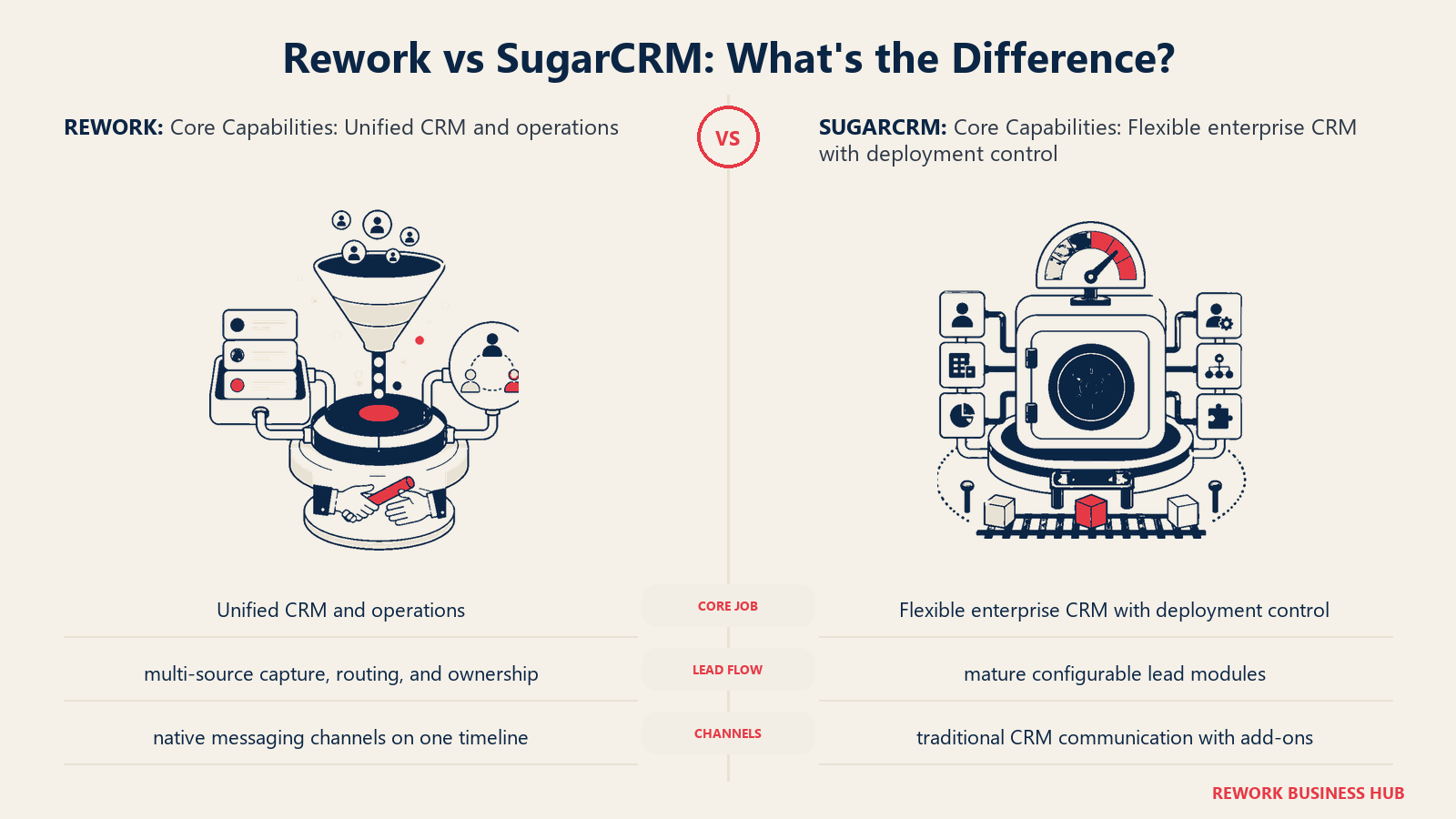 Rework vs SugarCRM core capabilities comparison with matched operating metaphors