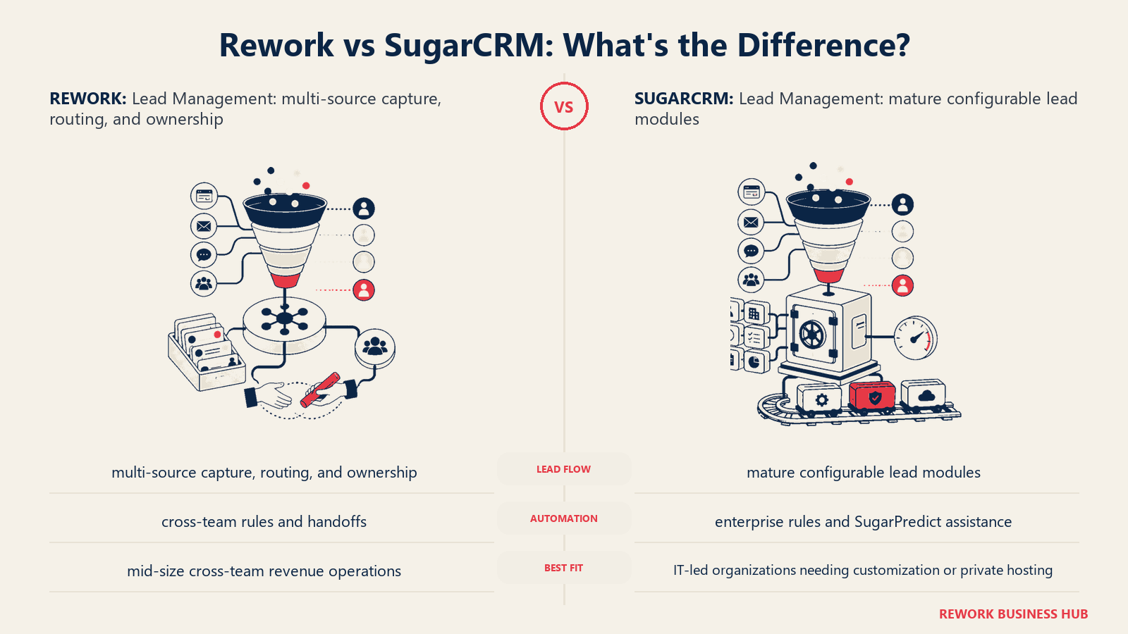 Rework vs SugarCRM lead management comparison with matched operating metaphors