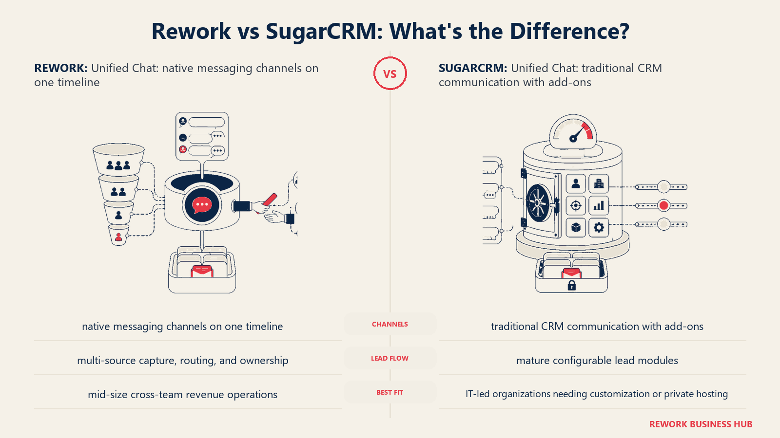 Rework vs SugarCRM unified chat comparison with matched operating metaphors