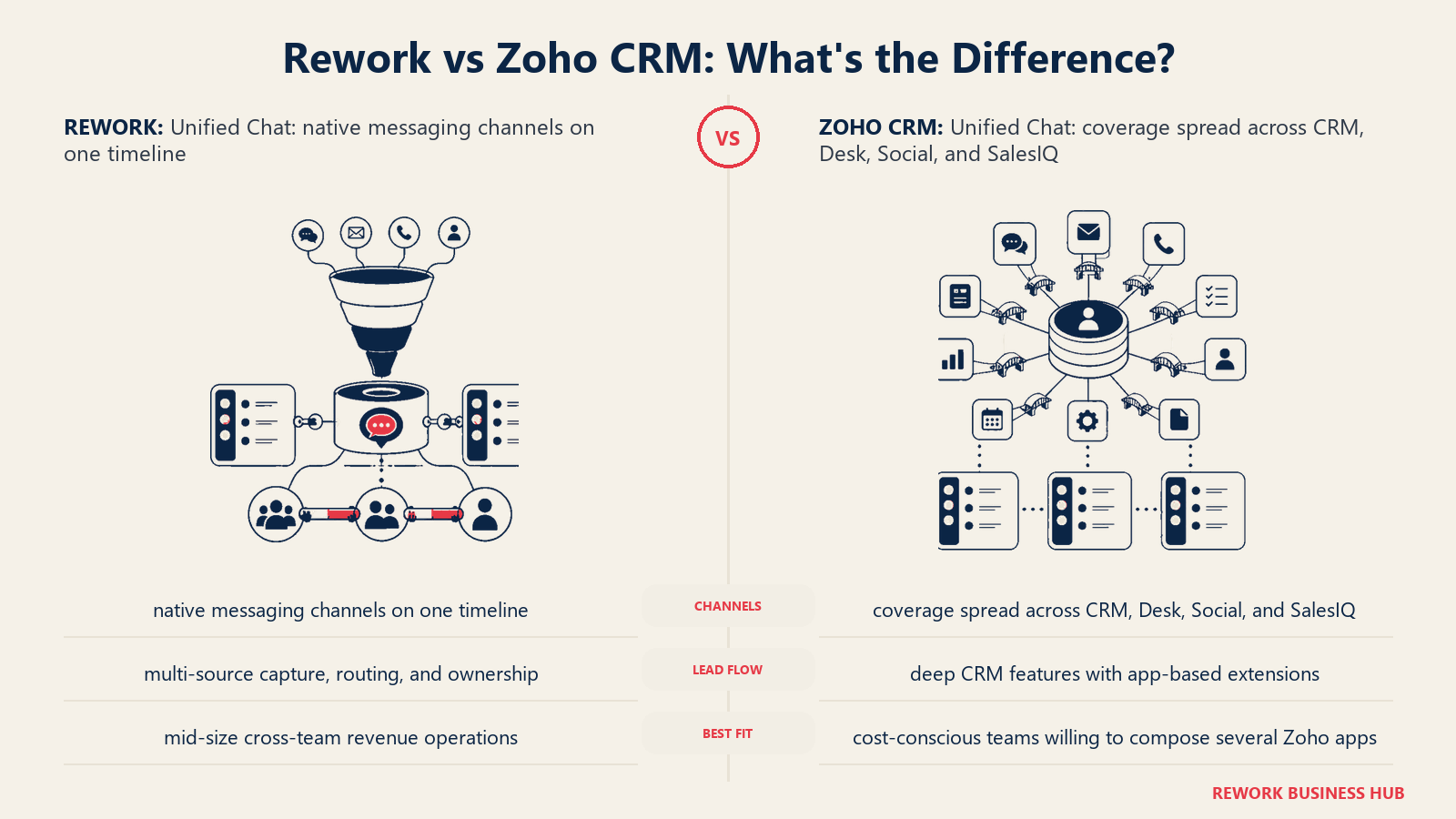 Rework vs Zoho CRM unified chat comparison with matched operating metaphors