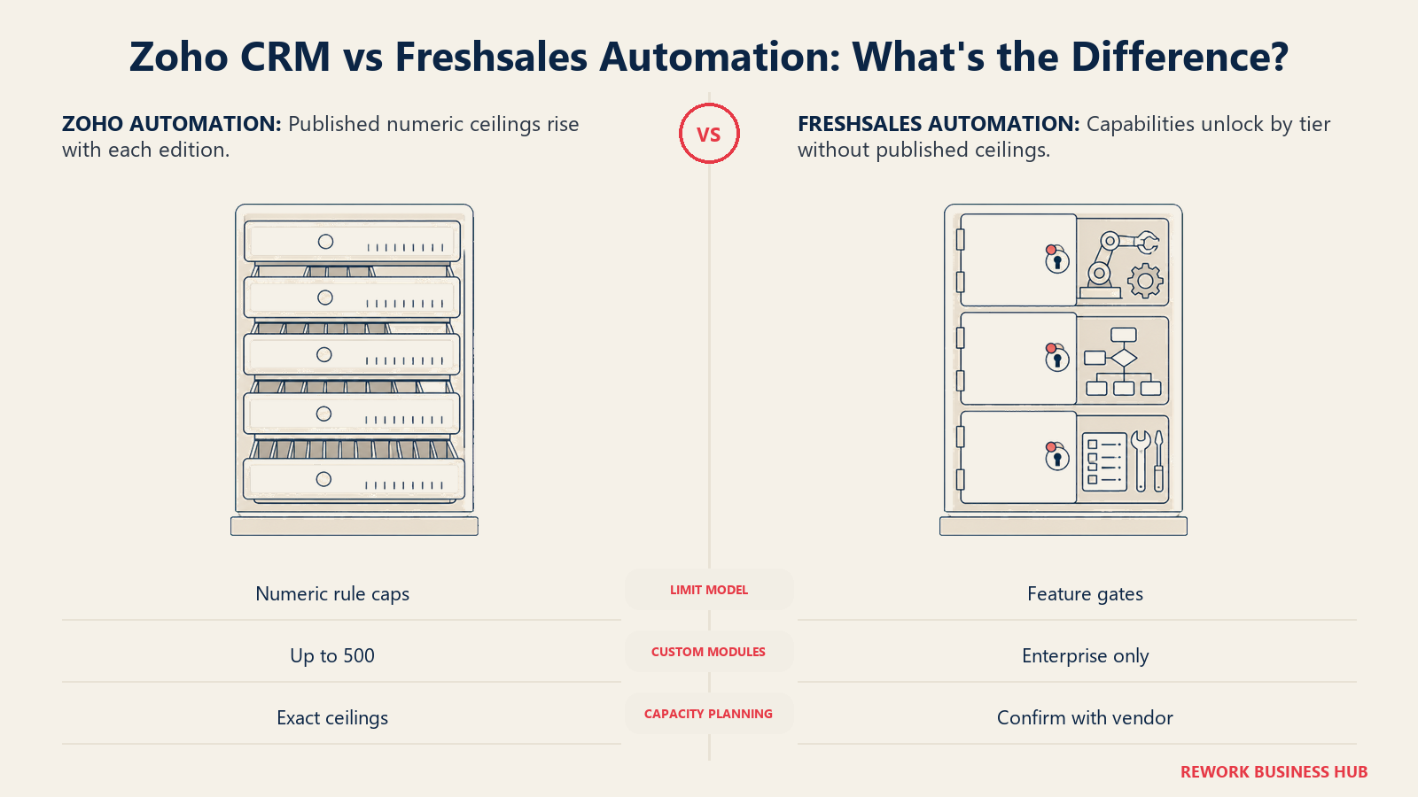Zoho CRM vs Freshsales automation limits shown as measurable capacity drawers beside feature-gated workflow doors