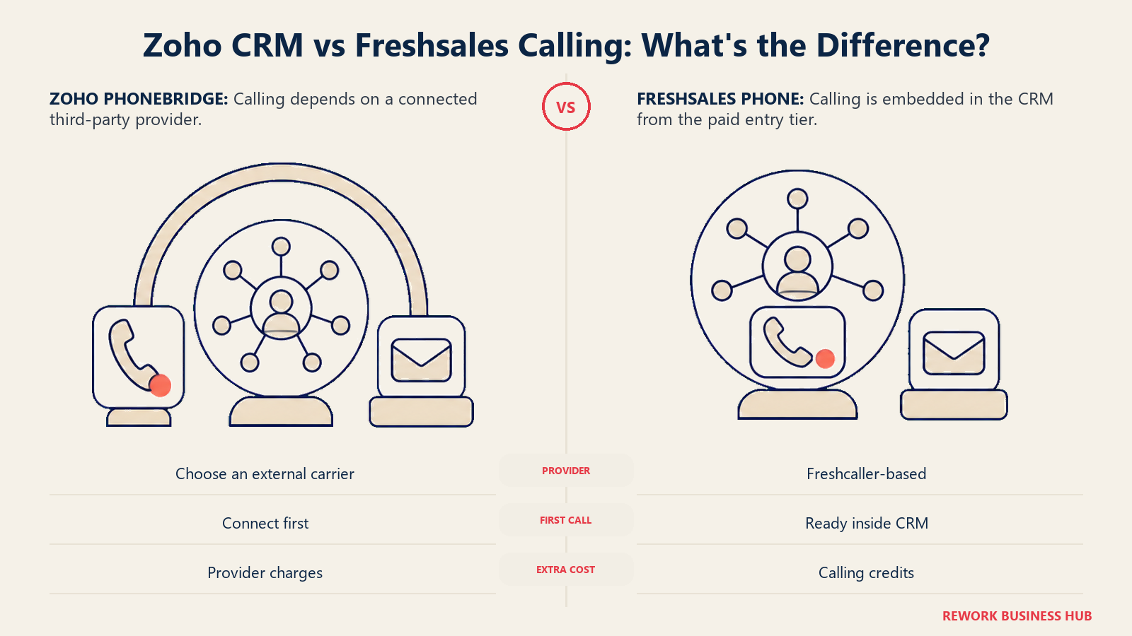 Zoho CRM vs Freshsales calling shown as an external provider bridge beside an integrated phone dock