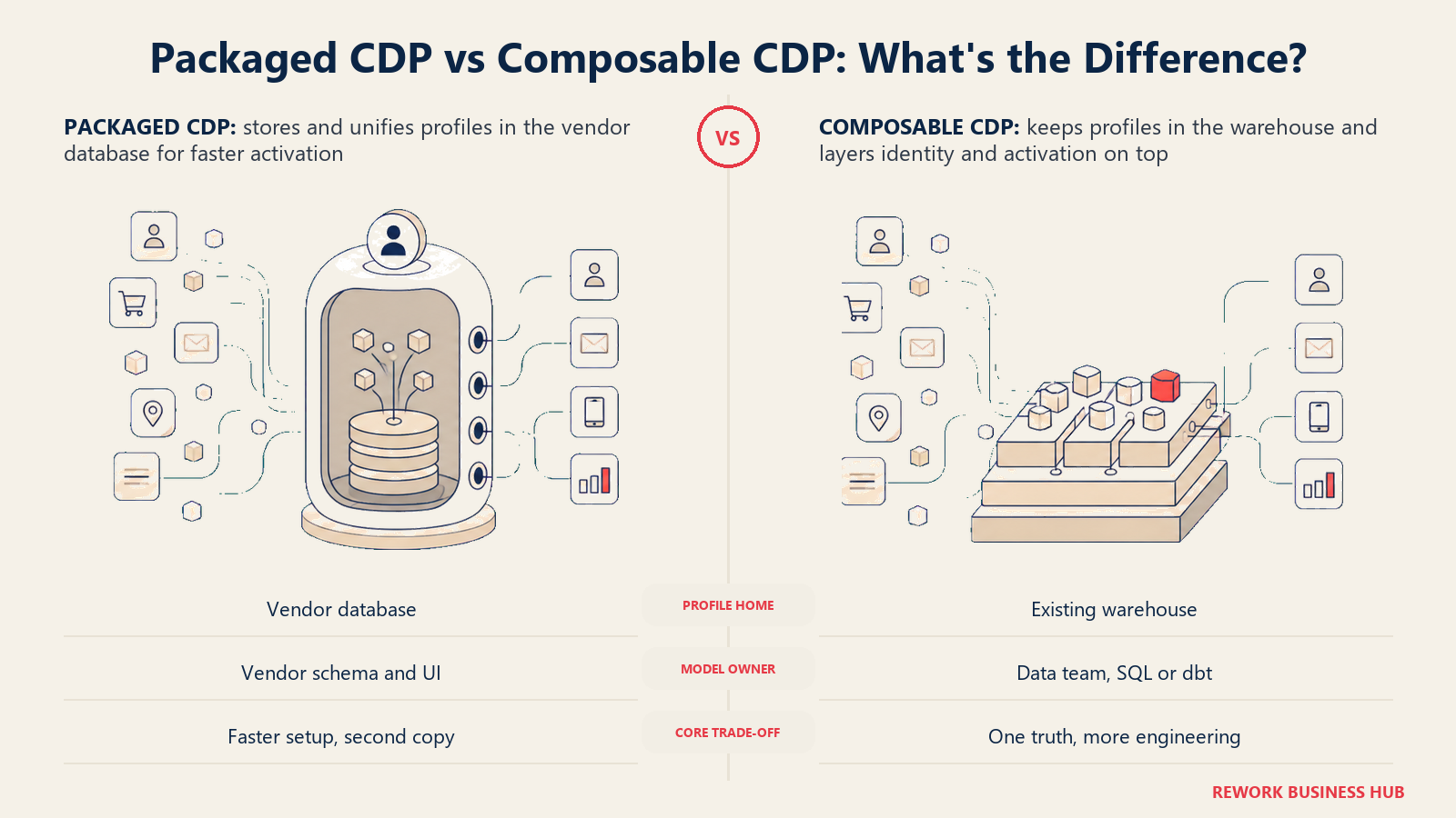 Packaged and composable customer data platforms compared by profile location, model owner, and engineering trade-off