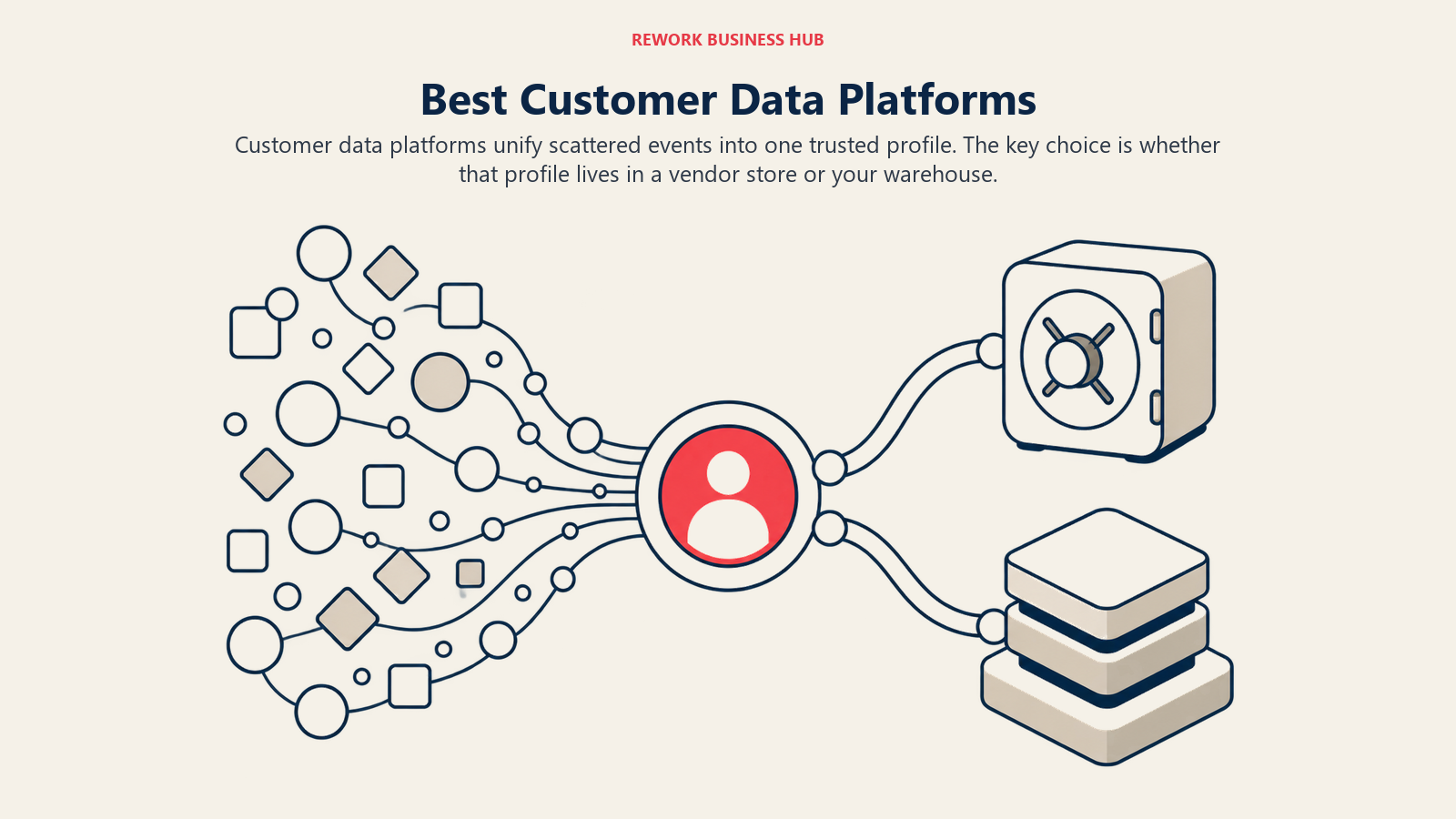 Best customer data platforms shown resolving scattered event streams into one trusted profile with packaged and warehouse-native destinations