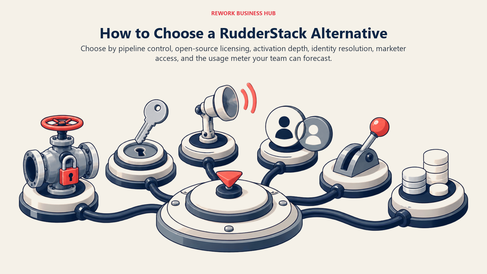 RudderStack alternative decision framework shown as a six-dock customer data selector for control, licensing, activation, identity, access, and pricing