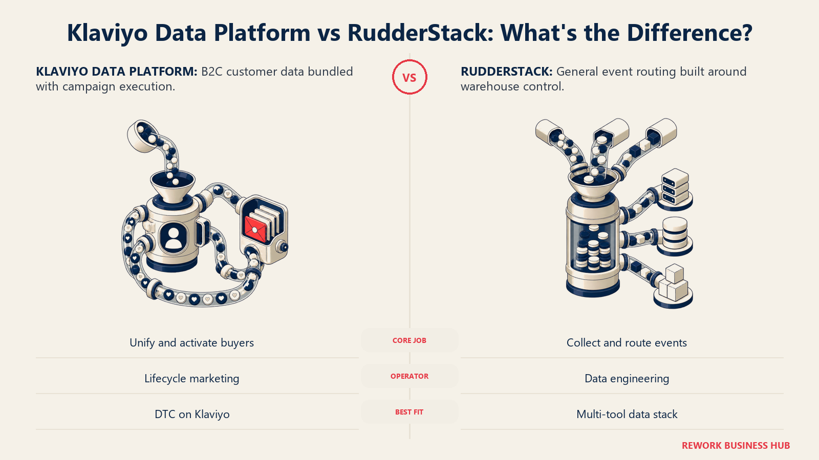 Klaviyo bundled B2C customer data and campaign engine compared with RudderStack general warehouse event pipeline