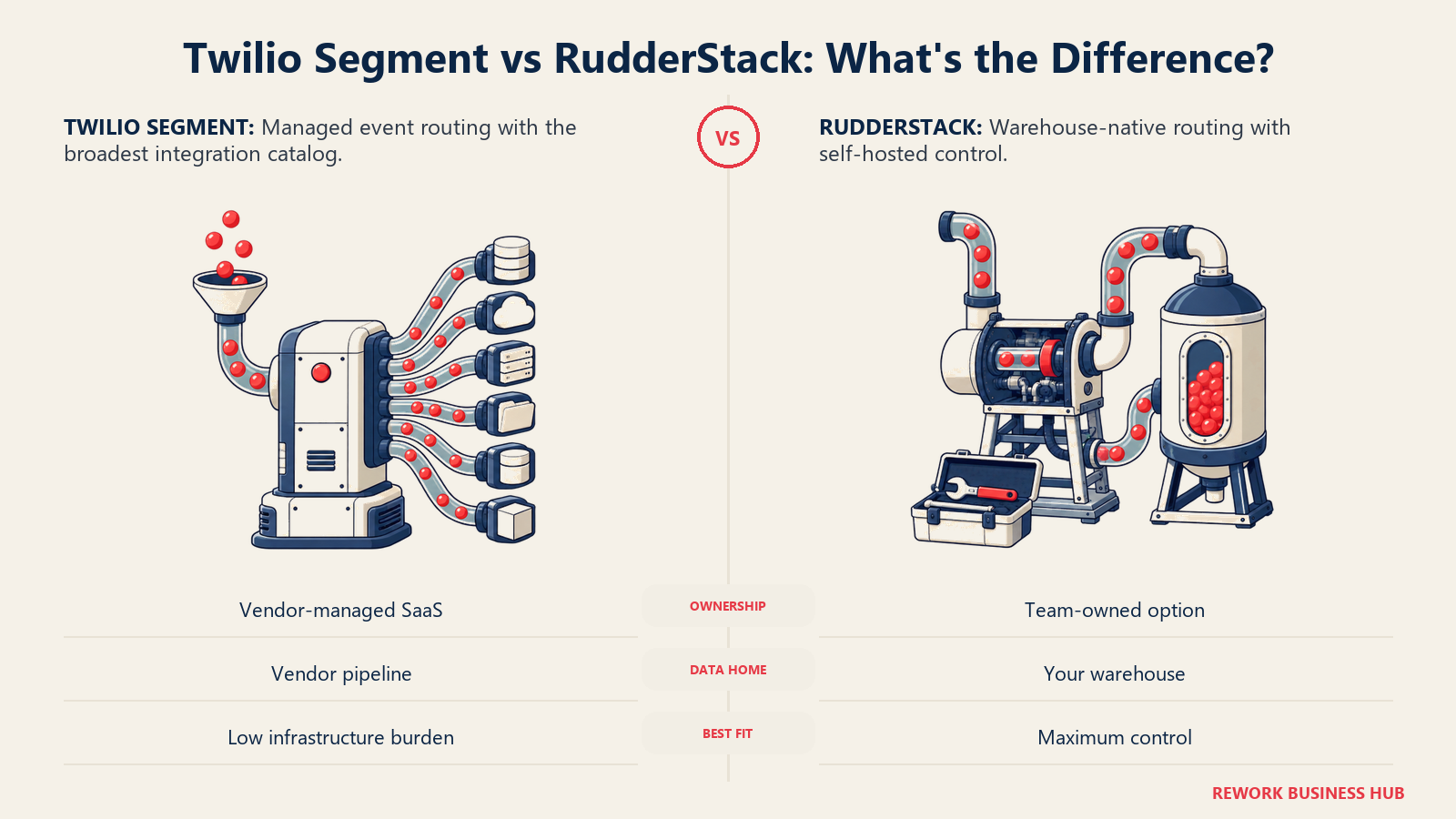 Twilio Segment managed event pipeline compared with RudderStack self-hosted warehouse pipeline