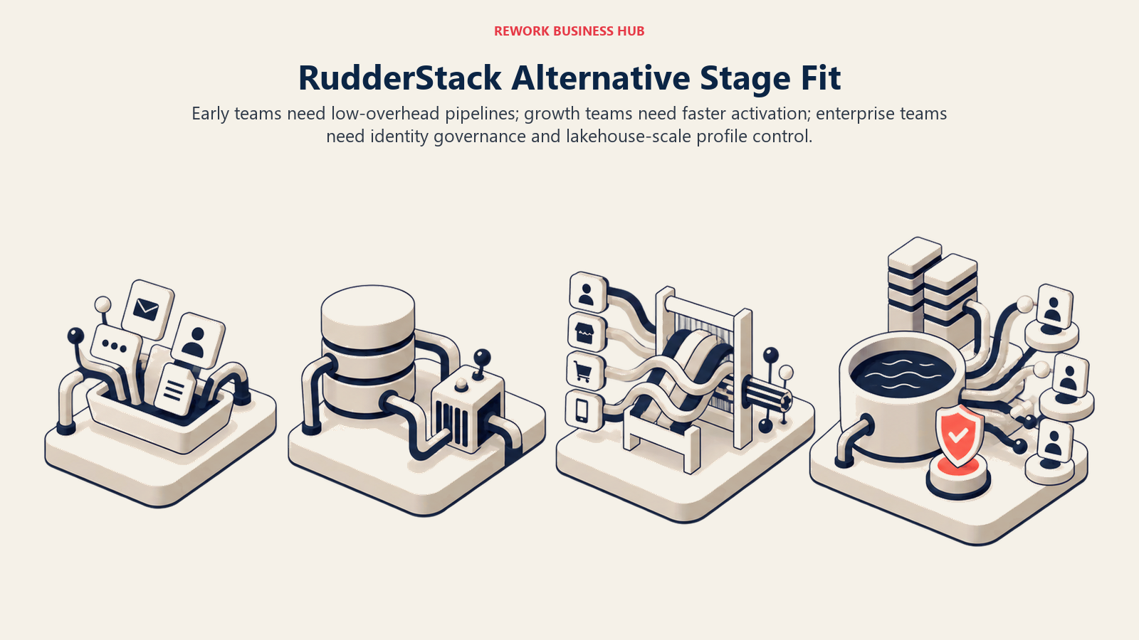 RudderStack alternatives mapped across company stages from simple event collection to activation and enterprise identity governance