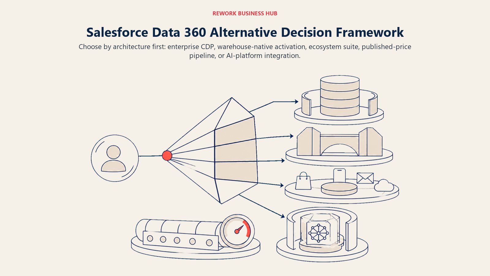 Salesforce Data 360 alternative decision framework passing one unified customer profile into enterprise CDP, warehouse, ecosystem, published pipeline, and AI-platform routes