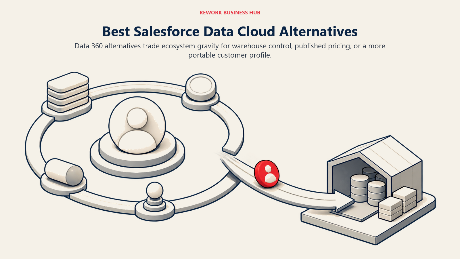 Best Salesforce Data Cloud alternatives shown as a unified customer profile leaving a closed enterprise orbit for an open warehouse platform