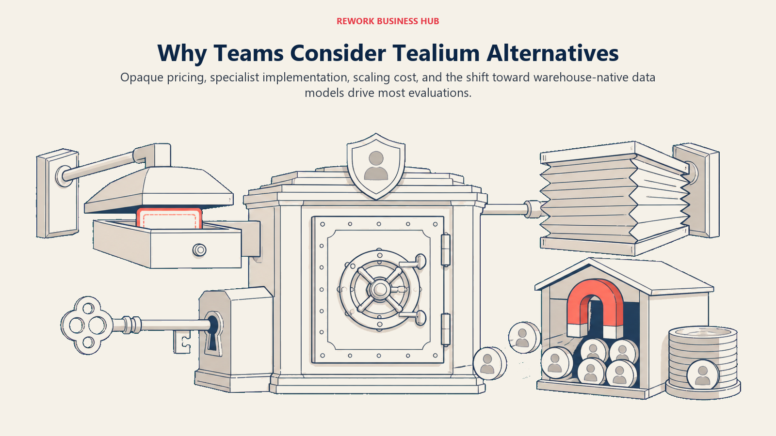 Tealium evaluation cabinet under pressure from opaque pricing, specialist setup, growing cost, and warehouse-native architecture