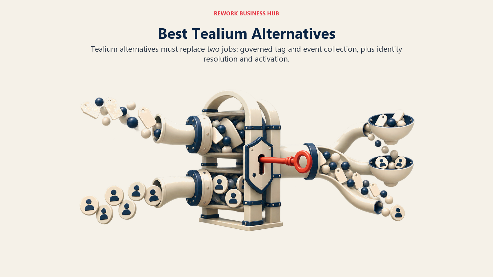 Best Tealium alternatives shown as tag collection and customer identity streams passing through one governed consent gate