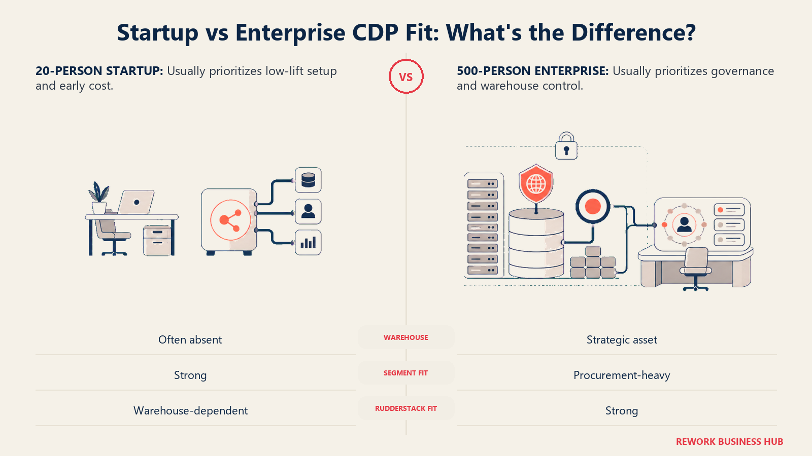 Compact startup customer data desk compared with a governed enterprise warehouse operations floor