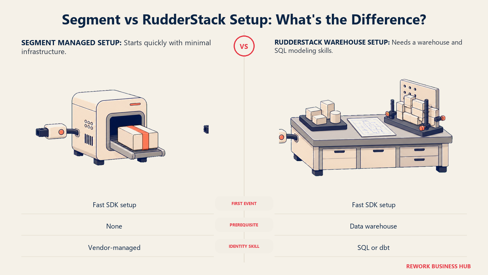 Segment turnkey customer data appliance compared with RudderStack warehouse setup bench and SQL modeling kit
