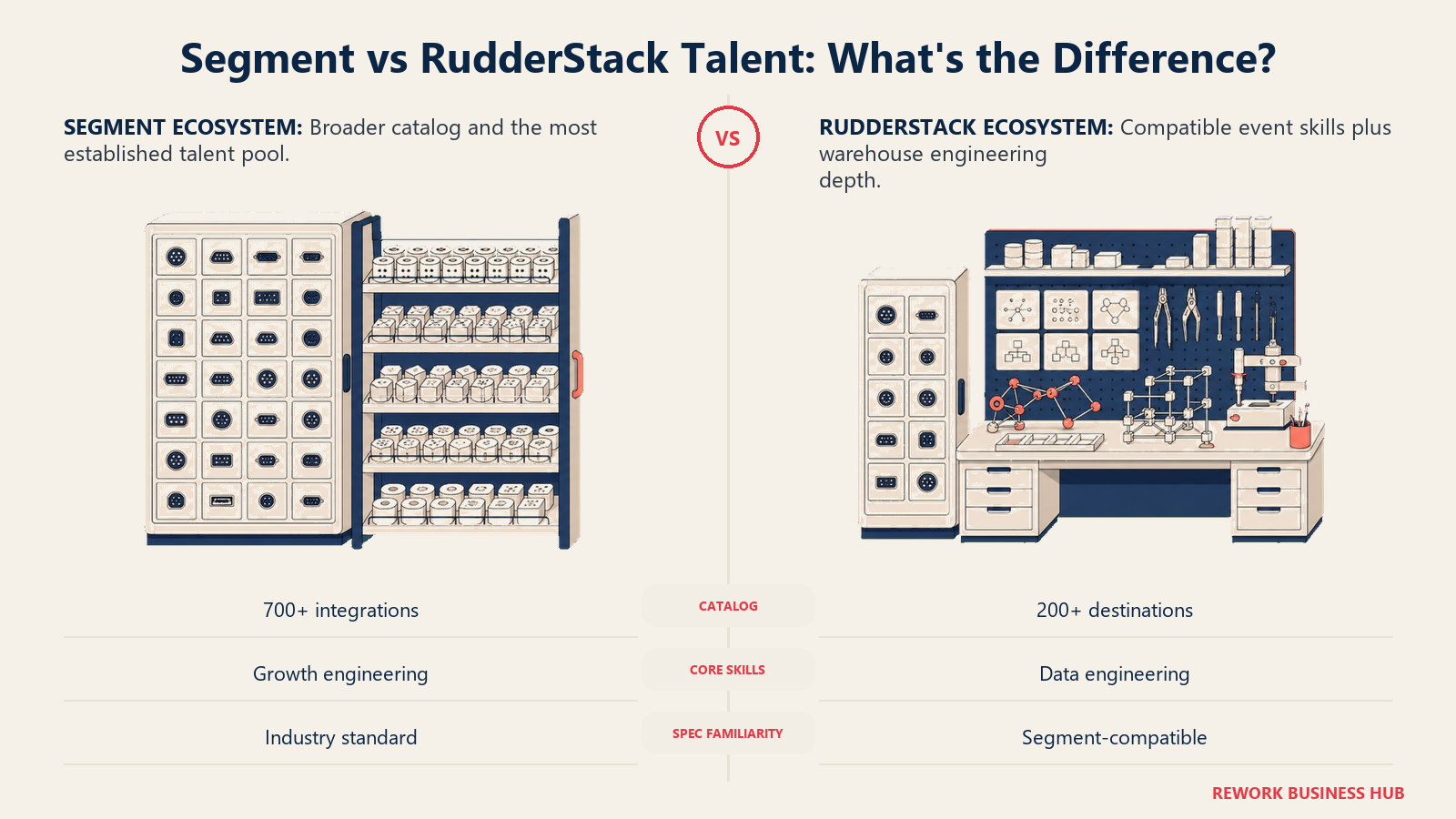 Segment broad connector and talent library compared with RudderStack warehouse engineering toolbench
