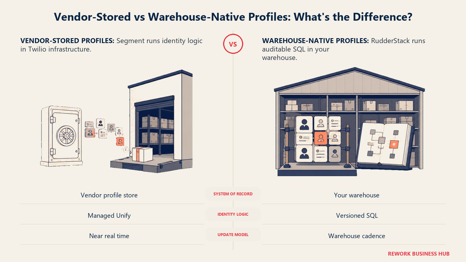 Vendor-stored customer profile vault compared with warehouse-native profile assembly inside the data warehouse