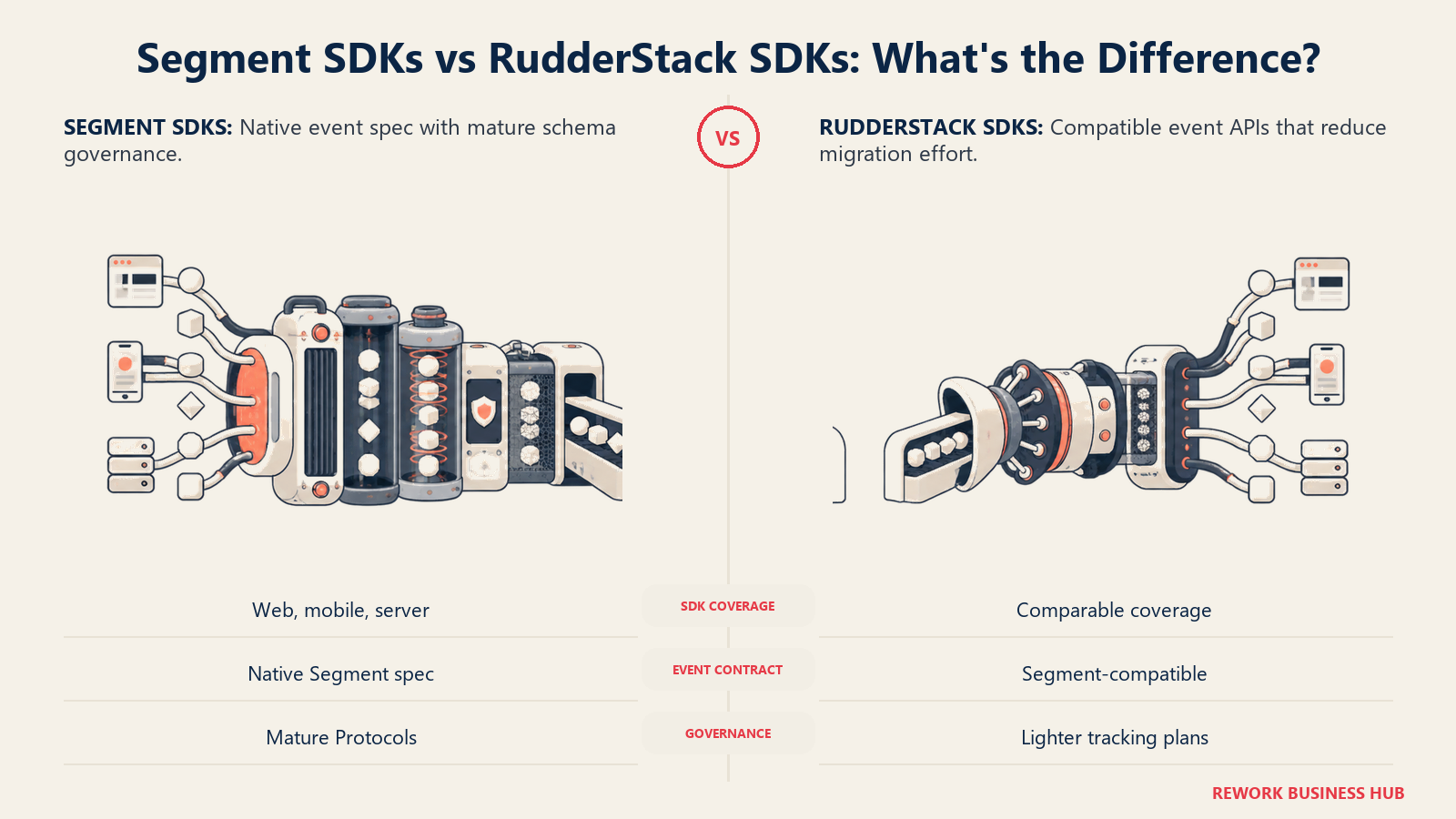 Segment event SDK validation dock compared with a RudderStack compatible adapter and tracking-plan gate
